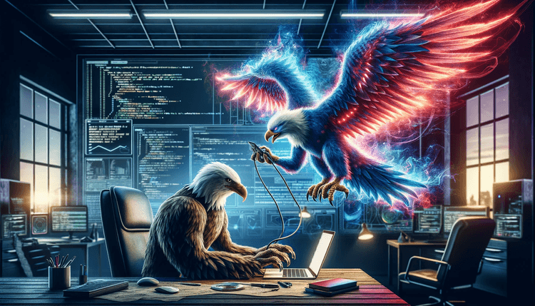 An epic, wide hero image. The image features an eagle writing code on a laptop at a desk, creating a self-mutating image of itself.