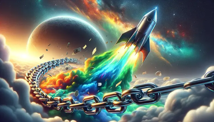 A rocket with a chain that is flying