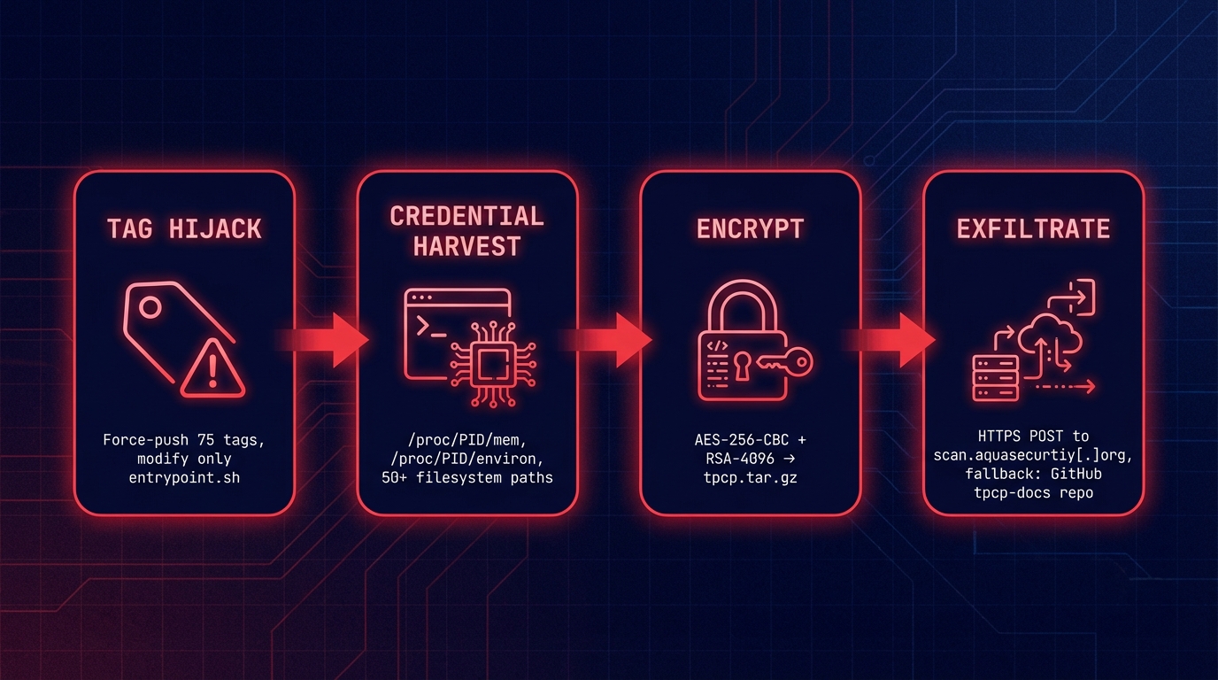 Four-stage attack kill chain: tag hijacking, credential harvesting, encryption, and exfiltration