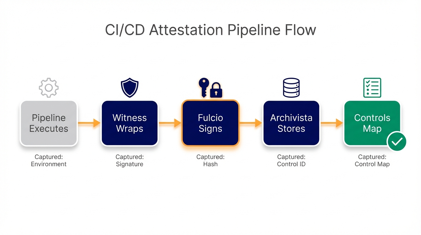 CI/CD Attestation Pipeline Flow — from pipeline execution through witness, Fulcio signing, Archivista storage, to control mapping