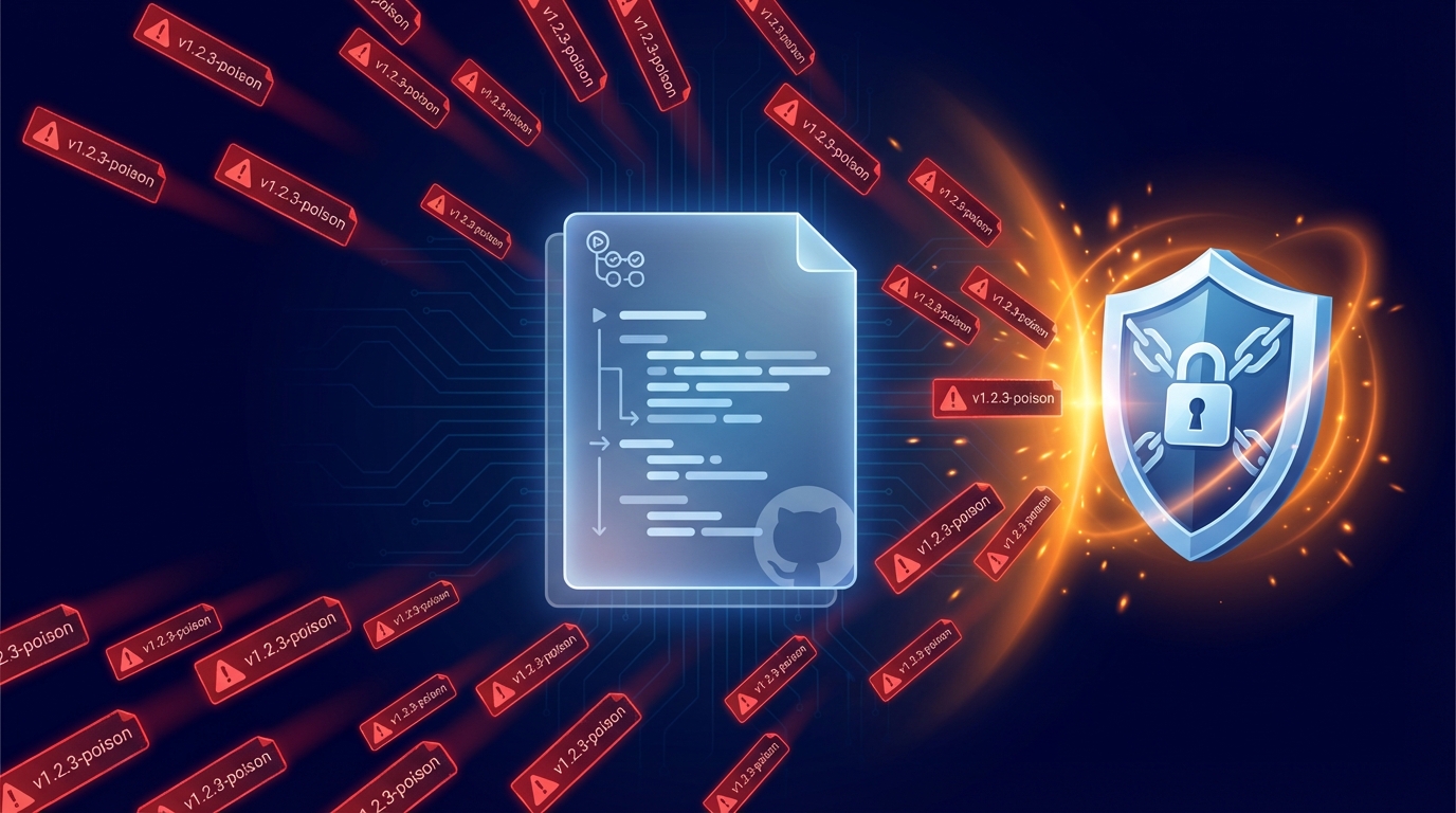 CI/CD supply chain attack flow — poisoned tags, credential theft, and cryptographic attestation defense