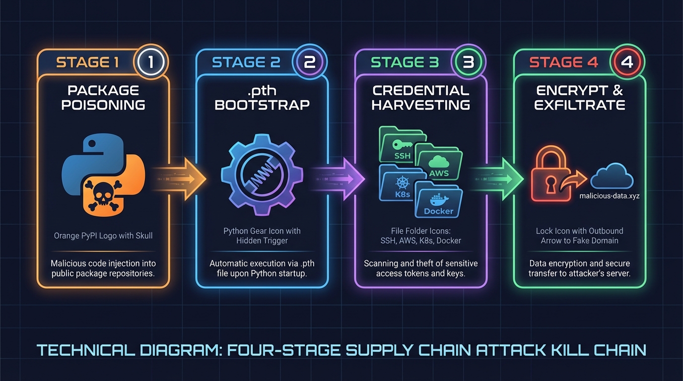 Four-stage attack kill chain: package poisoning, .pth bootstrap, credential harvesting, encrypt and exfiltrate