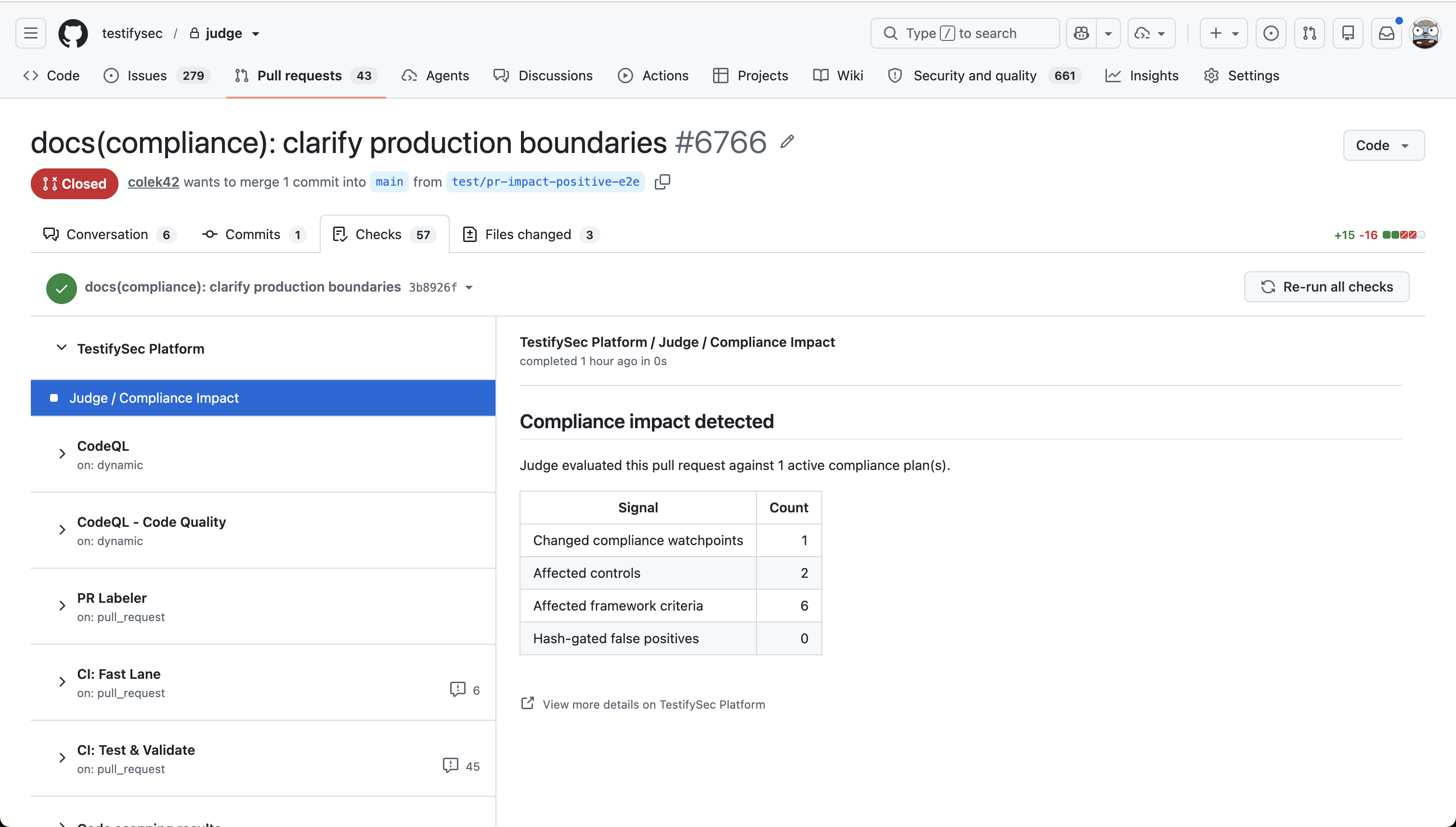 GitHub compliance impact check linking to the TestifySec platform