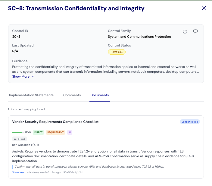 SC-8 control showing mapped vendor questionnaire response with AI analysis and source reference